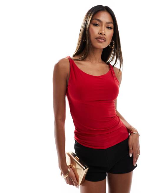 Fashionkilla - Top aderente rosso a doppio strato con spalline attorcigliate