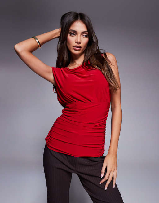Fashionkilla - Top senza maniche arricciato rosso doppio sagomato sinuoso con scollo asimmetrico