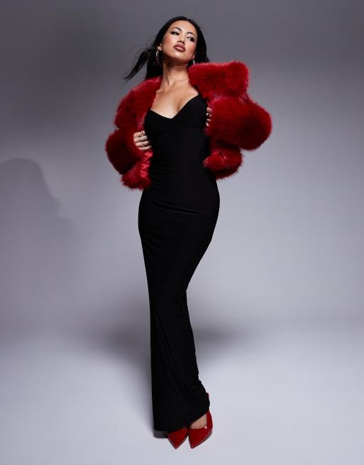 Fashionkilla - Vestito lungo aderente a doppio strato nero con arricciatura sul busto, maniche ad aletta e scollo sul retro