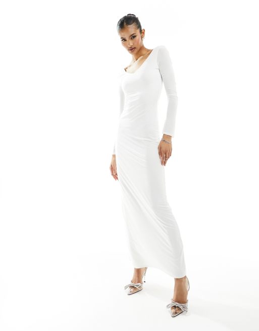 Fashionkilla - Vestito lungo bianco modellante con scollo a V e spalle scoperte