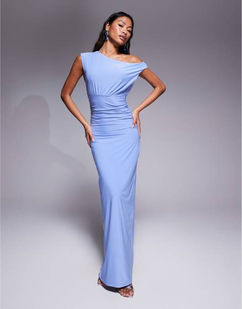 Fashionkilla - Vestito lungo fasciante senza maniche sinuoso blu tenue in tessuto doppio sagomato con scollo asimmetrico e arricciature - view 1