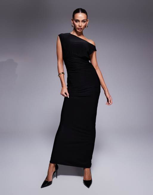 Fashionkilla - Vestito lungo fasciante senza maniche sinuoso nero doppiamente sagomato con scollo asimmetrico e arricciature