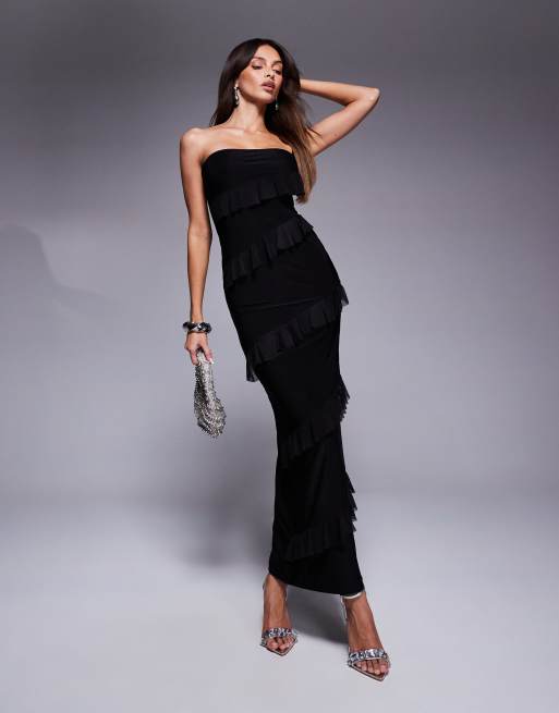 Fashionkilla - Vestito lungo nero in doppio tessuto strutturato con scollo a fascia e volant