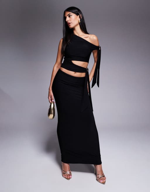 Fashionkilla - Vormgevende gelaagde gladde rechte maxi rok in zwart, deel van co-ord set