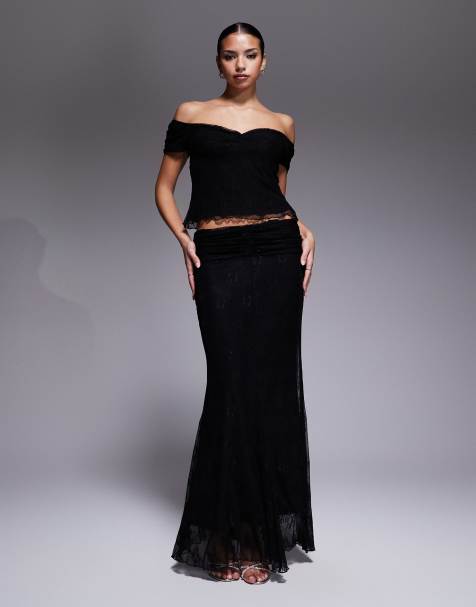Fashionkilla floral lace ruched waist tiered maxi skirt co-ord in black