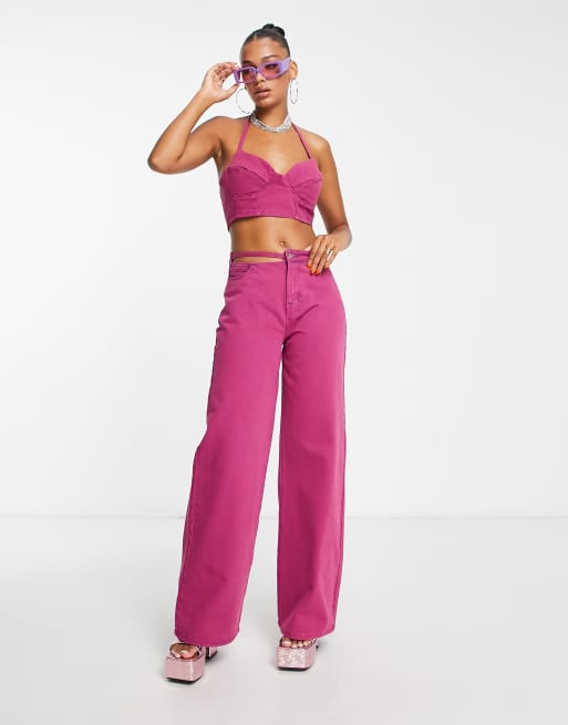 Fashionkilla wide leg jeans with cut out waist detail co-ord in purple