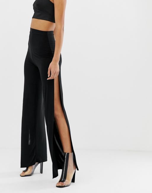 Fashionkilla wide leg split pants in black