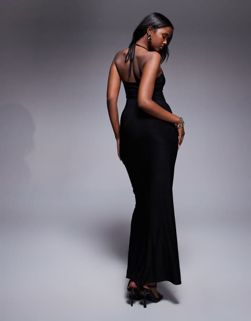 Fashionkilla – Zweilagiges Maxi-Wickelkleid in Schwarz mit Neckholder und Spitzenborte, 4 von 4