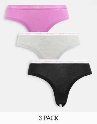 FCUK 3 pack cheekini briefs in pink violet, grey and black