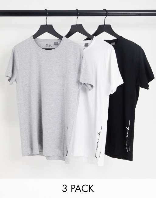 FCUK 3 pack side scribble t-shirts in black, grey & white