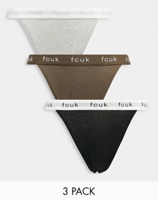FCUK 3 pack tanga briefs in deep moss, grey mel and black