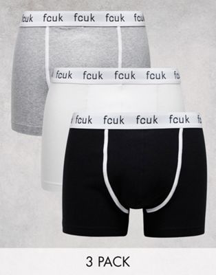 FCUK 3 pack trunks in black/grey/white