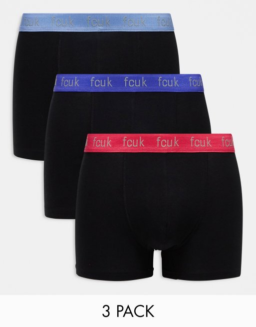 FCUK – 3er-Pack Unterhosen in Schwarz mit farblich abgesetztem Bund