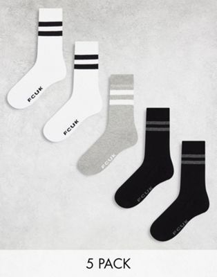FCUK 5 pack sports crew socks in black/grey/white