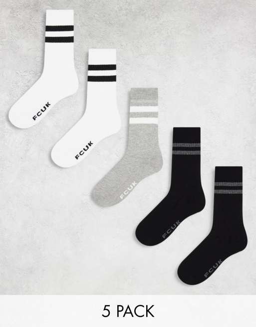 FCUK 5 pack sports crew socks in black/grey/white | ASOS