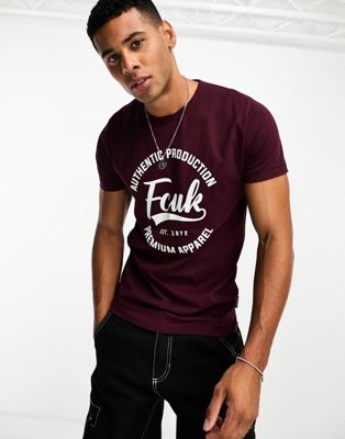 FCUK authentic print t-shirt in burgundy