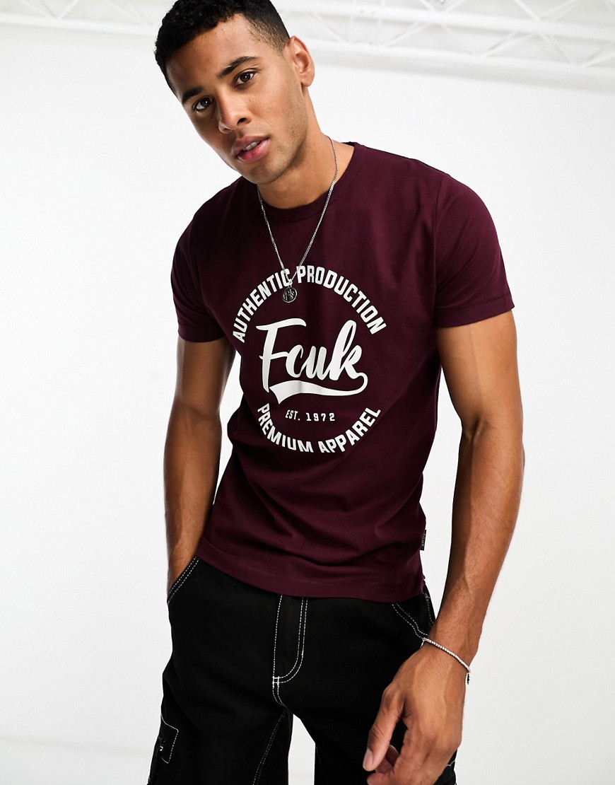 FCUK authentic print t-shirt in burgundy-Red