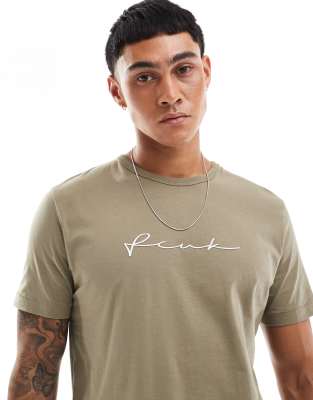 FCUK center scribble logo t-shirt in light khaki-Green