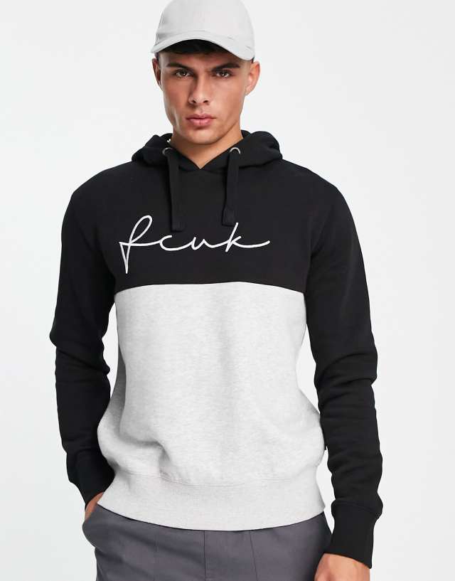 FCUK color block script logo overhead hoodie in black