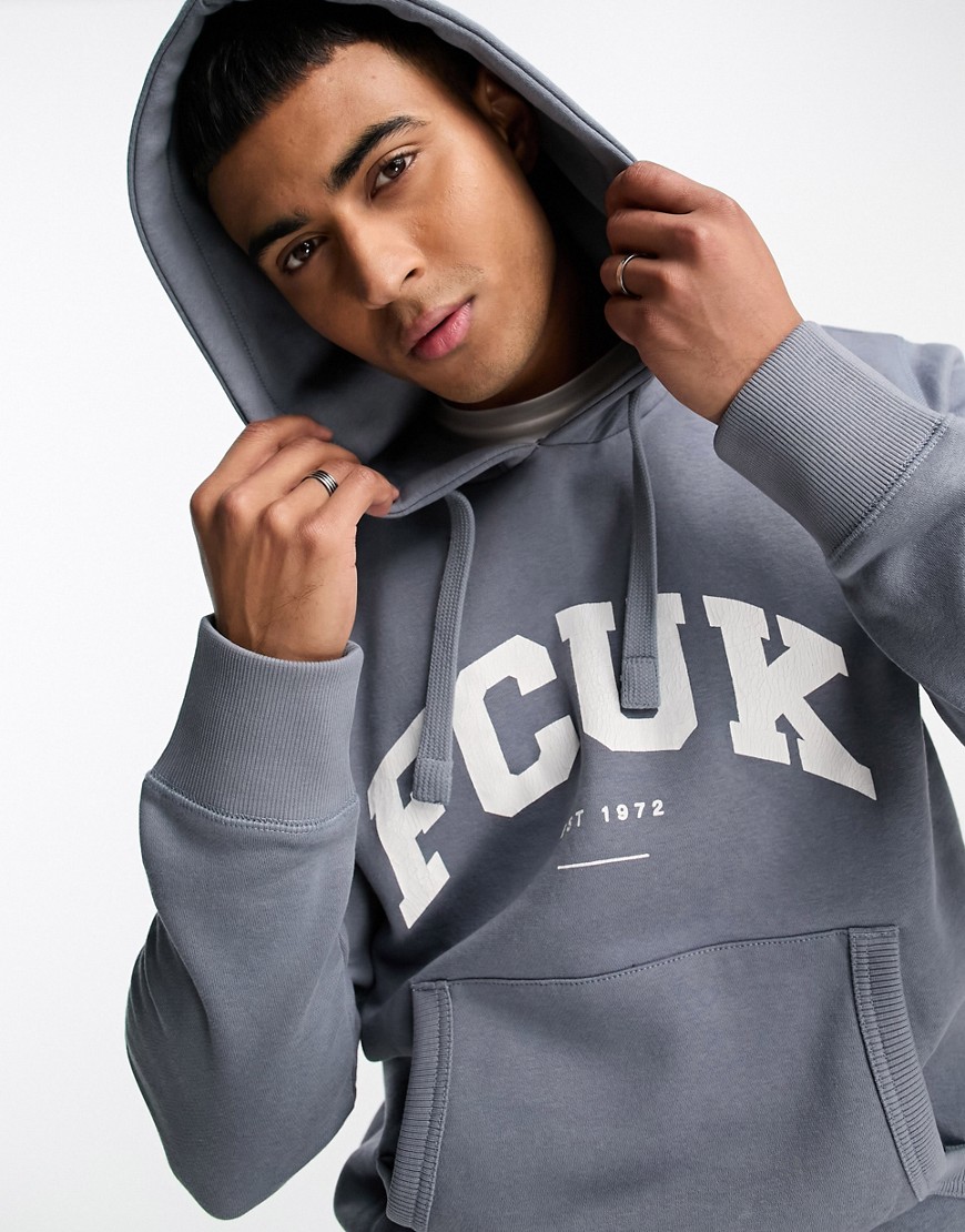 FCUK cracked print vintage logo hoodie in light blue & white