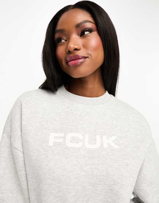 FCUK - Felpa girocollo grigio chiaro mélange con logo bianco in coordinato, 2 di 4