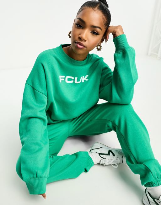 FCUK crew neck sweatshirt and jogger co-ord with white logo in veridian green, 2 af 2