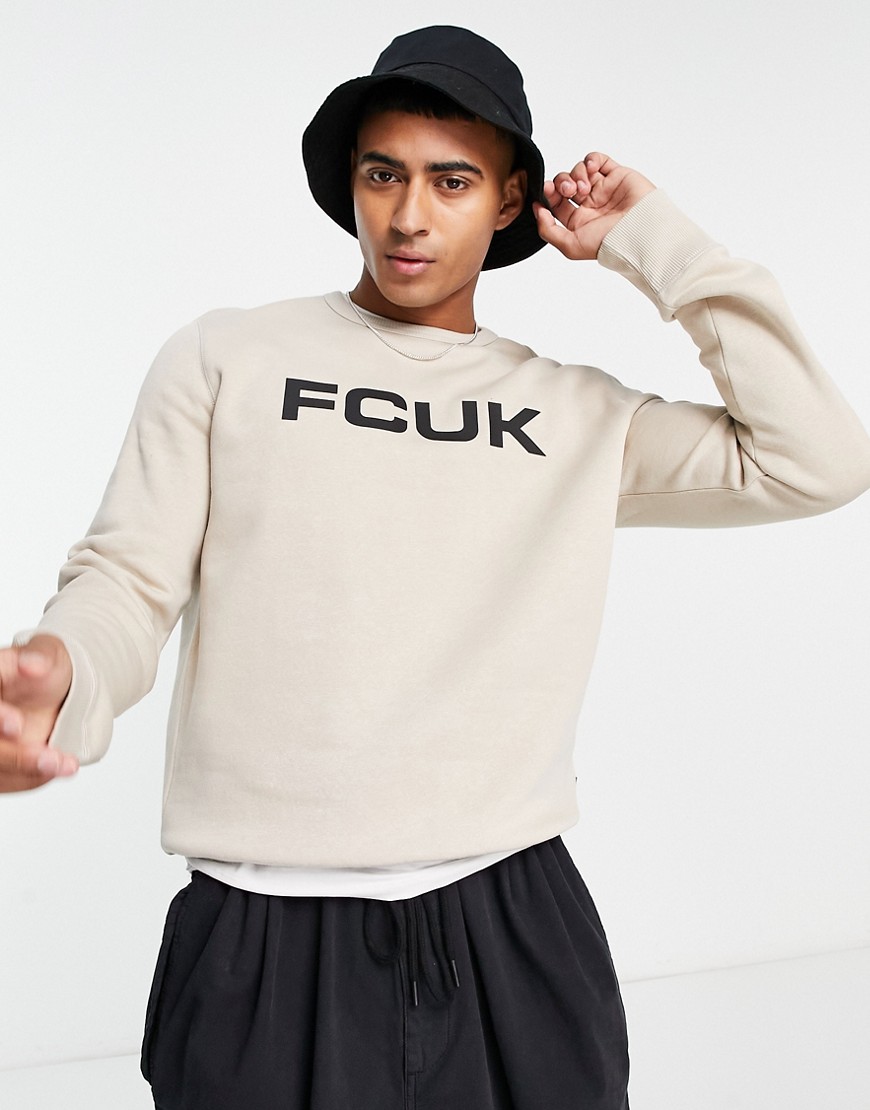 French Fcuk Large Logo Crew In Stone-neutral | ModeSens