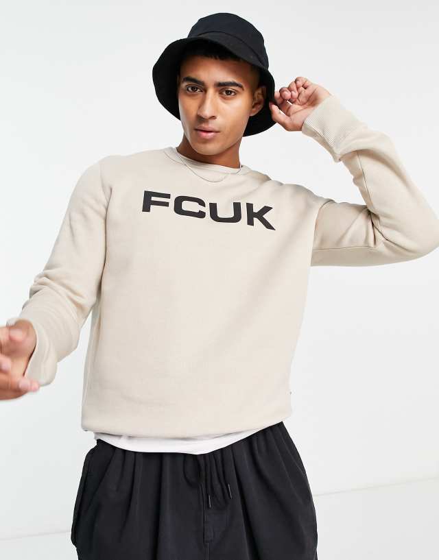 FCUK large logo crew neck sweatshirt in stone