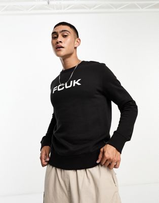 FCUK logo crew neck sweatshirt in black - ASOS Price Checker