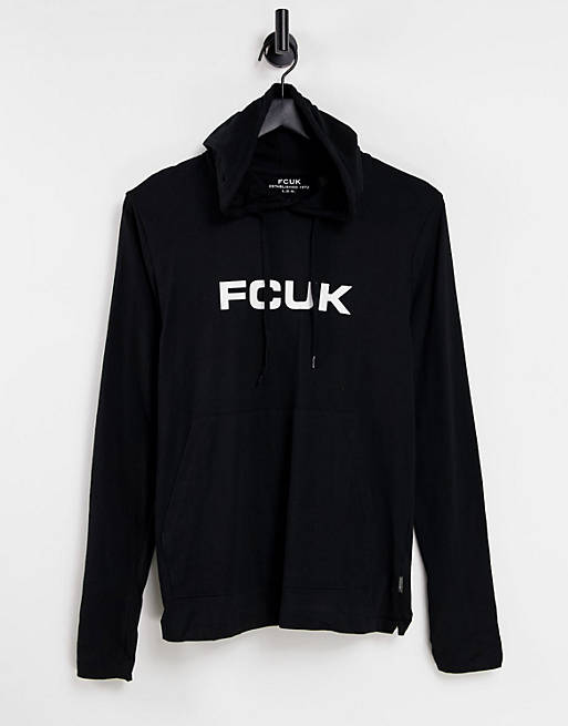 FCUK long sleeve logo top with hood in black