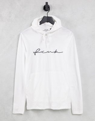 FCUK long sleeve script logo top with hood in white