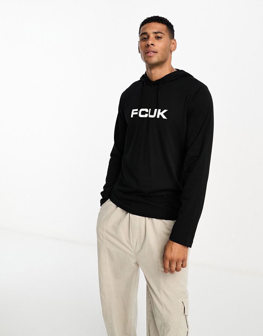 FCUK long sleeve t-shirt with hood in black