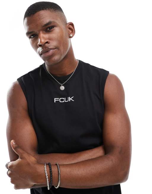 FCUK - Mouwloos T-shirt met groot logo op de borst in zwart