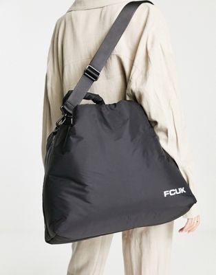FCUK padded tote bag with detachable strap in black