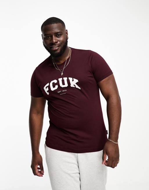 FCUK Plus varsity logo T-shirt in burgundy & white
