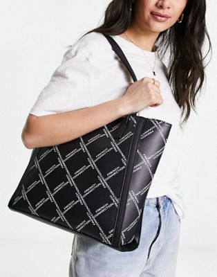 French Connection Fcuk Repeat Logo Tote Bag In Black And White