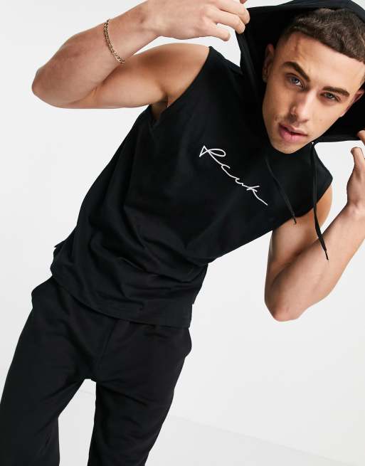 FCUK script sleeveless hoodie in black | ASOS