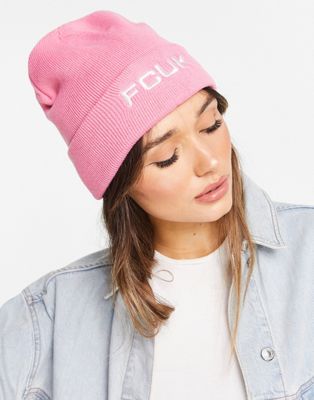 FCUK small logo beanie hat in pink