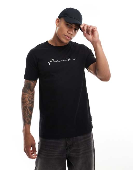 FCUK – T-Shirt in Schwarz mit mittigem Logo in handschriftlicher Optik, 4 von 4