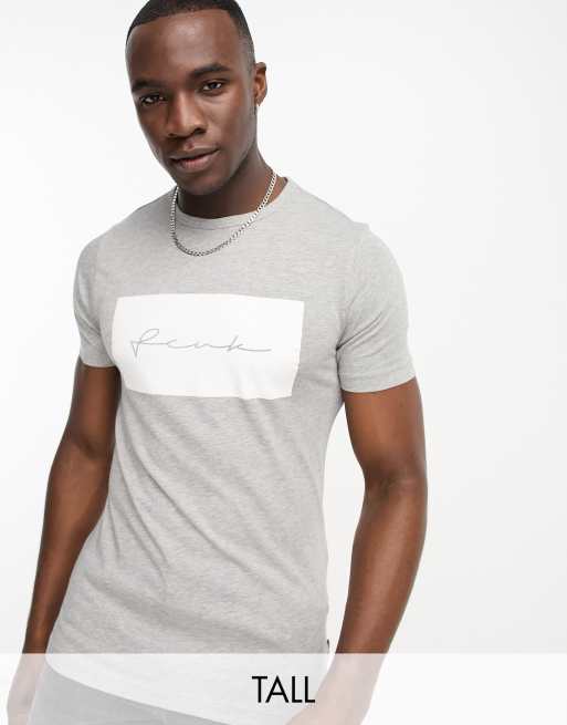 FCUK Tall – T-Shirt in Hellgrau mit eckigem Kritzel-Logo