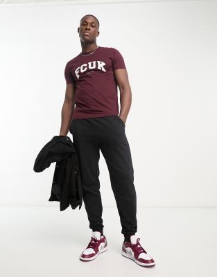 French Connection FCUK varsity logo t-shirt in burgundy and white-Red