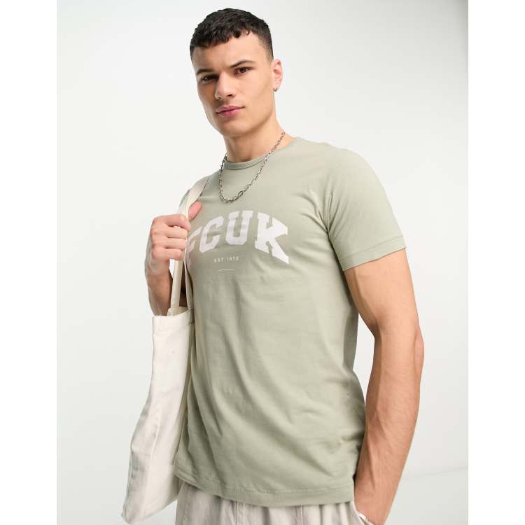 herberg Vermelding kanker FCUK varsity logo t-shirt in sage & white | ASOS