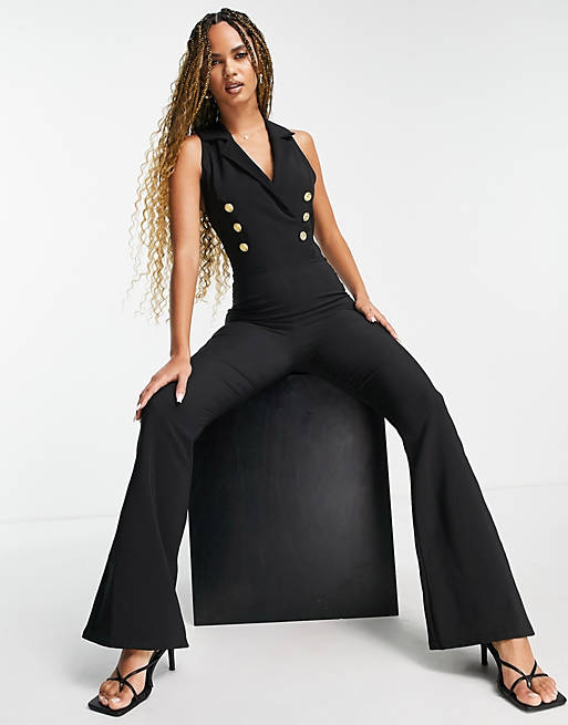 Femme Luxe 70's flared tuxedo jumpsuit in black