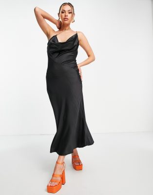 asymmetric crystal strap satin midi dress in black