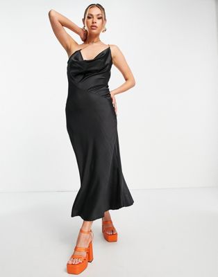 Femme Luxe asymmetric diamonte strap satin midi dress in black
