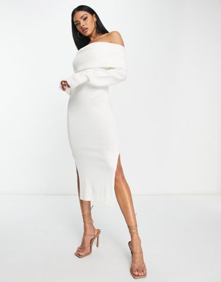 Femme Luxe bardot midi knitted jumper dress with side splits in white