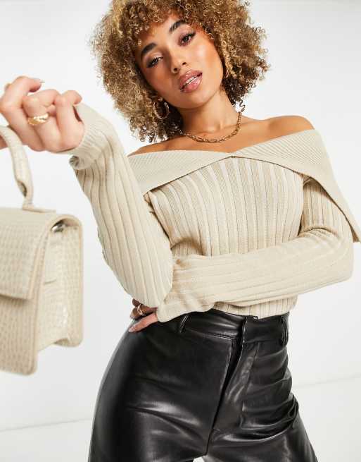 Femme Luxe – Bardot-Strickpullover in Stein