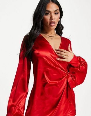 Femme Femme Luxe - Blouse cache-cœur drapée effet satin - Rouge