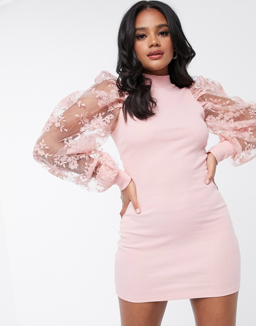 Femme Luxe bodycon dress with floral lace balloon sleeves in pink