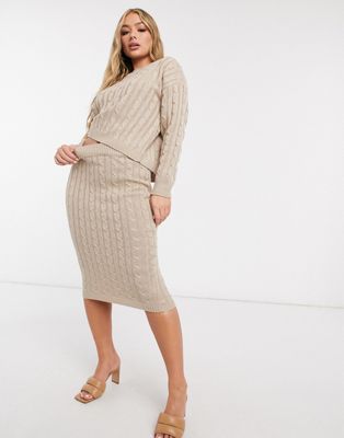 Femme Luxe cable knitted jumper and midi skirt co ord in biscuit | ASOS